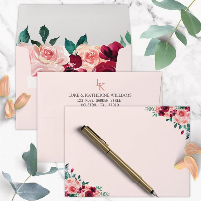 Monogram Watercolor Boho Pink Burgundy Rose  Envelope (In situ)