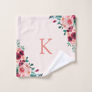 Monogram Watercolor Boho Pink Burgundy Rose Floral Bath Towel Set
