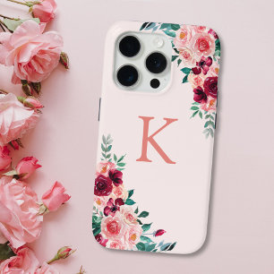 Monogram Watercolor Boho Pink Burgundy Rose Flower iPhone 15 Pro Case