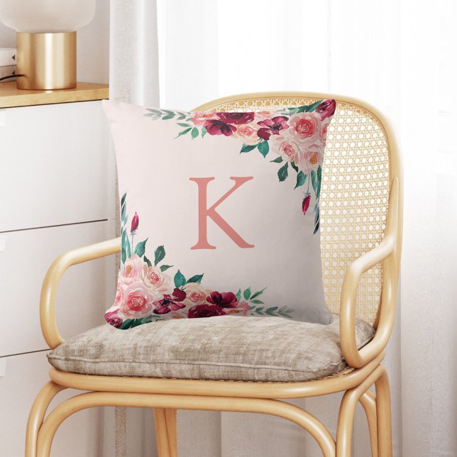 Monogram Watercolor Boho Pink Burgundy Rose Flower Cushion (In situ)