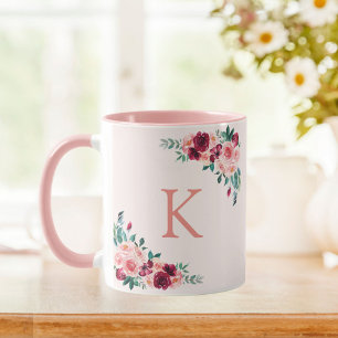 Monogram Watercolor Boho Pink Burgundy Rose Flower Mug