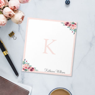 Monogram Watercolor Boho Pink Burgundy Rose Flower Notepad