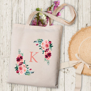Monogram Watercolor Boho Pink Burgundy Rose Flower Tote Bag