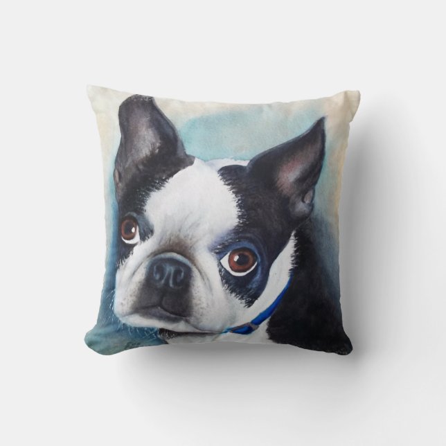 MONOGRAM WATERCOLOR BOSTON TERRIER PORTRAIT CUSHION (Front)