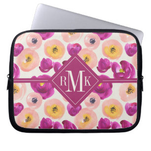 Monogram Watercolor Botanical Pattern Laptop Sleeve