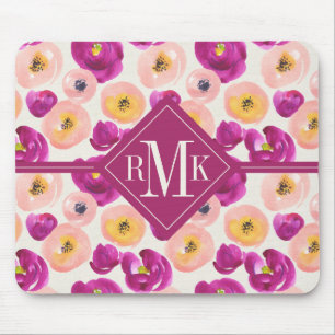 Monogram Watercolor Botanical Pattern Mouse Mat