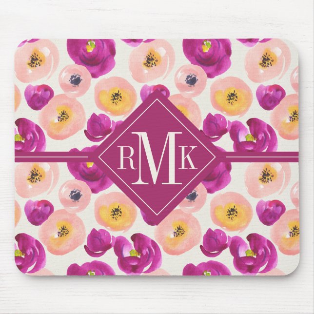 Monogram | Watercolor Botanical Pattern Mouse Mat (Front)