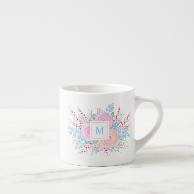 Monogram Watercolor Bouquet Pink Roses Blue Leaves Espresso Cup (Right)