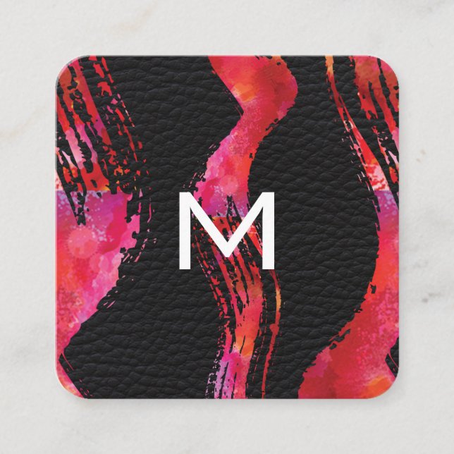 Monogram Watercolor Brush Leather Background Square Business Card (Front)