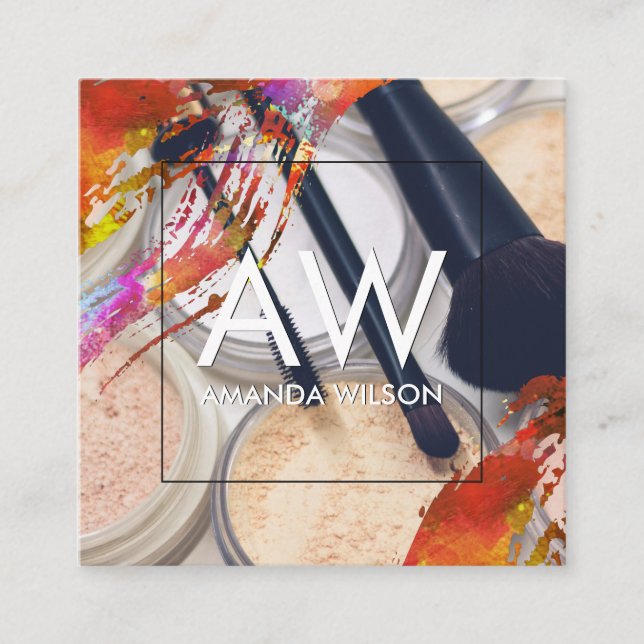Monogram Watercolor Brushed Makeup Palette Square Business Card (Front)