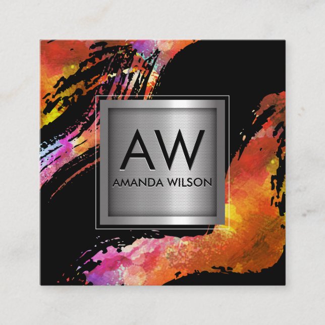 Monogram Watercolor Brushed | Metallic Banner Square Business Card (Front)
