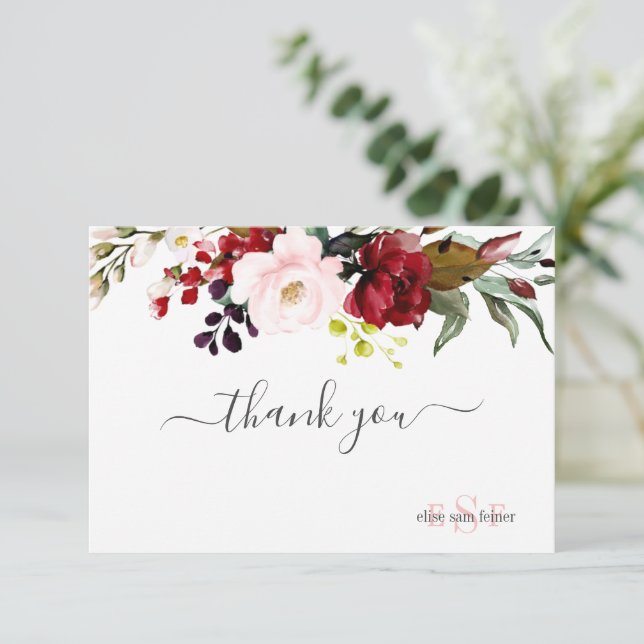 Monogram Watercolor Burgundy Blush Roses Thank You Card (Standing Front)