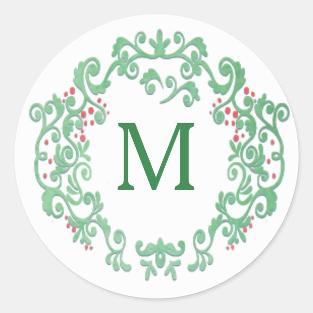 Monogram Watercolor Christmas Wreath Classic Round Sticker (Front)