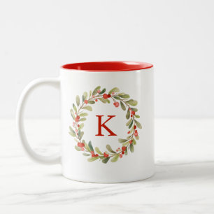 Monogram Watercolor Christmas Wreath Two-Tone Coffee Mug