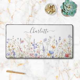 Monogram Watercolor Colorful Pretty Wildflower Desk Mat
