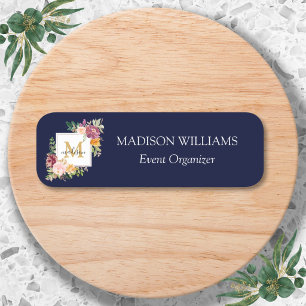 Monogram Watercolor Colourful Roses Flower Floral Name Tag