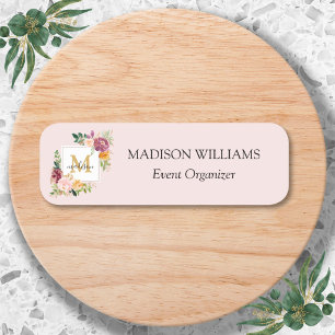 Monogram Watercolor Colourful Roses Flower Floral Name Tag