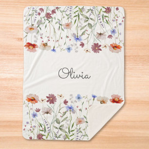 Monogram Watercolor Colourful Wildflower Meadow Sherpa Blanket