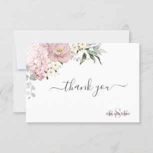 Monogram Watercolor Dusty Roses Hydrangea Thank You Card
