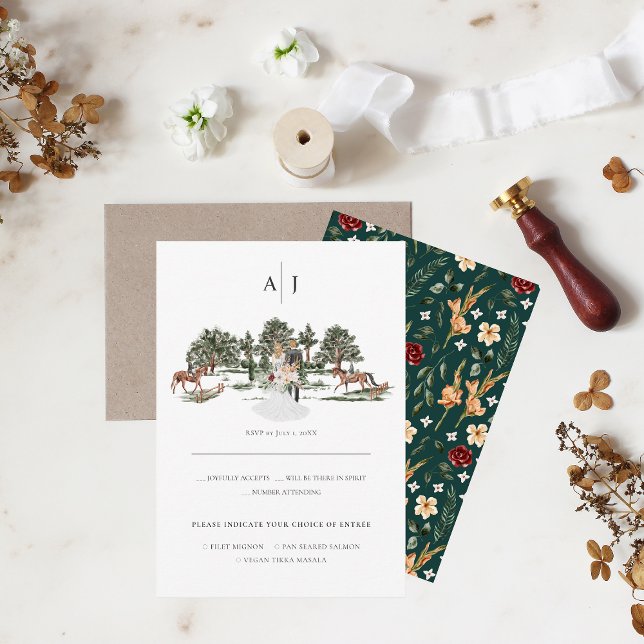 Monogram | Watercolor Equestrian Wedding RSVP Announcement (Creator Uploaded)