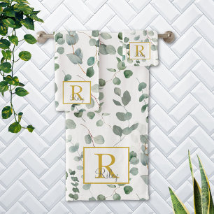 Monogram Watercolor Eucalyptus Floral Pattern Bath Towel Set