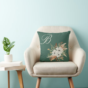 Monogram Watercolor Fall Winter Bouquet Cushion