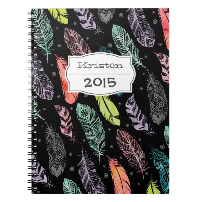 Monogram Watercolor Feather Pattern Notebook (Front)