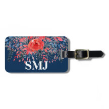 Monogram Watercolor Floral Blue Denim and Red Rose