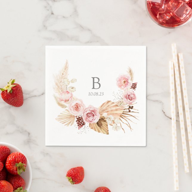 Monogram Watercolor Floral Boho Wedding Napkins (Insitu)