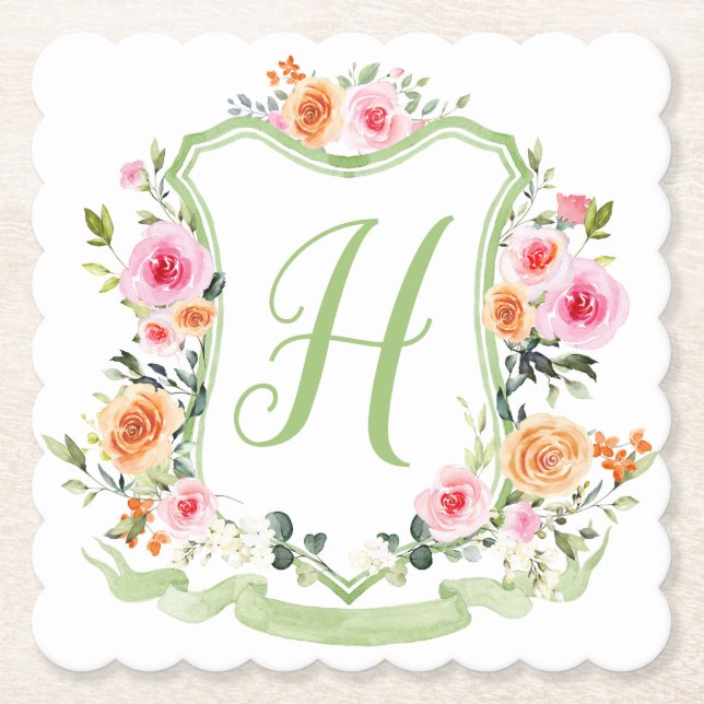 Monogram Watercolor Floral Crest, Pink Green Paper Coaster (Front)