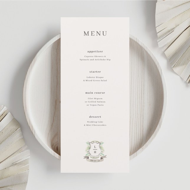 Monogram Watercolor Floral Crest Wedding Menu (Creator Uploaded)