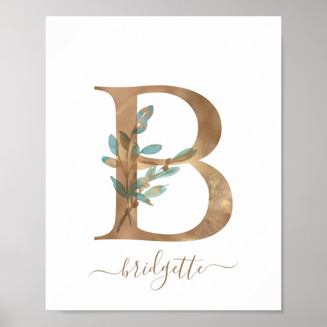 Monogram Watercolor Floral Gold Letter B Poster (Front)