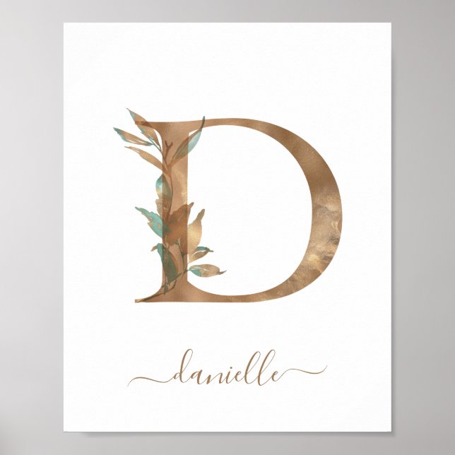 Monogram Watercolor Floral Gold Letter D Poster (Front)