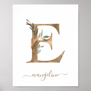 Monogram Watercolor Floral Gold Letter E Poster
