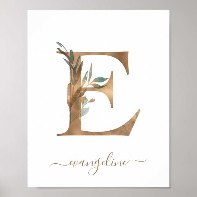 Monogram Watercolor Floral Gold Letter E Poster (Front)
