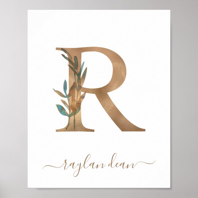 Monogram Watercolor Floral Gold Letter R Poster (Front)