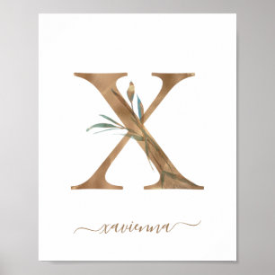 Monogram Watercolor Floral Gold Letter X Poster