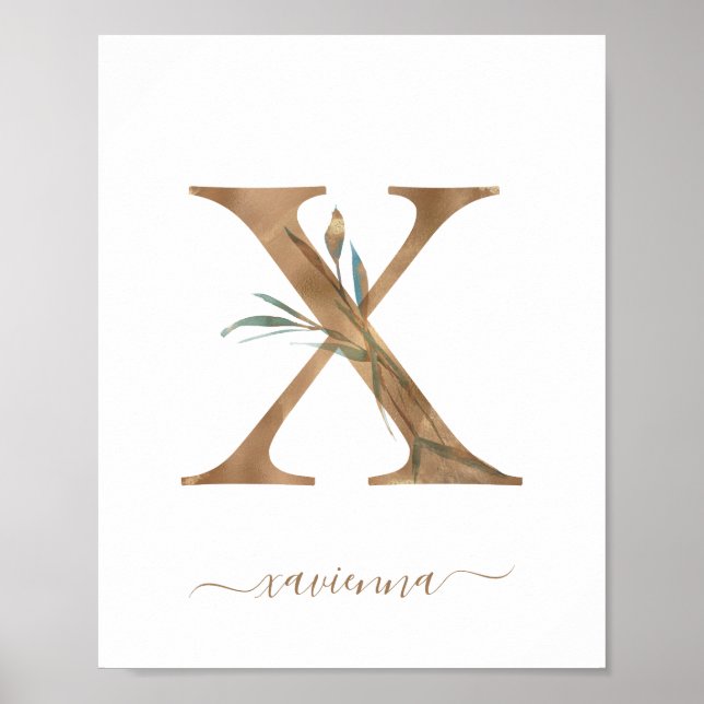 Monogram Watercolor Floral Gold Letter X Poster (Front)