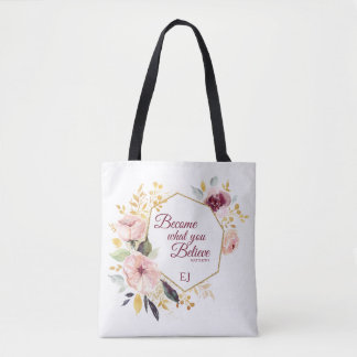 Monogram Watercolor Floral Gold Matthew Scripture Tote Bag