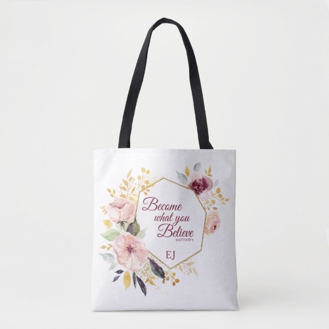 Monogram Watercolor Floral Gold Matthew Scripture Tote Bag (Front)