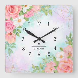 Monogram Watercolor Floral Greenery Pink Geometric Square Wall Clock