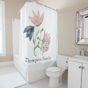 Monogram watercolor floral l Pink White Blue Shower Curtain