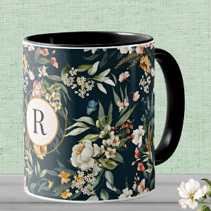 Monogram Watercolor Floral on Black 11 oz. Combo Mug