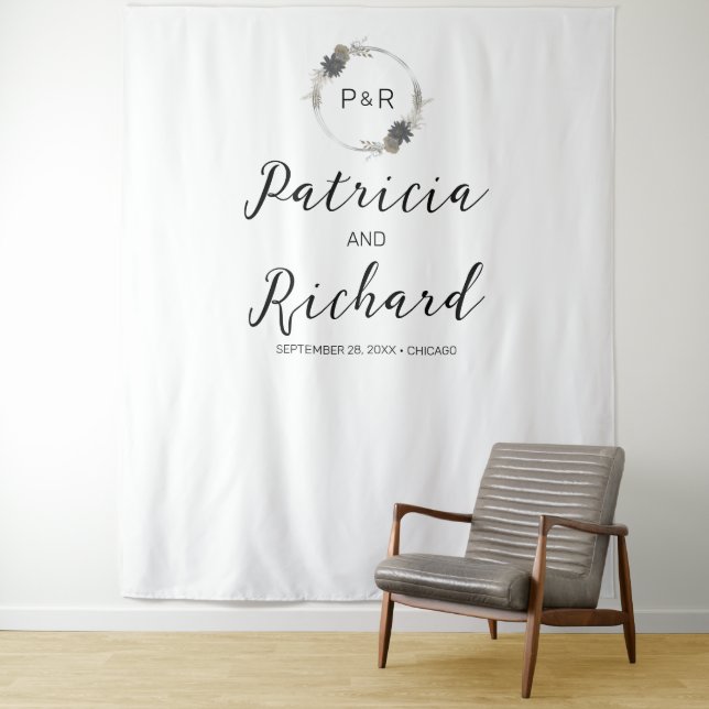 Monogram Watercolor Floral Wedding Backdrop Tapestry (In Situ)