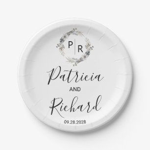 Monogram Watercolor Floral Wedding Paper Plate
