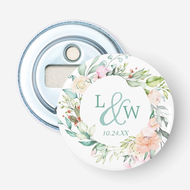 Monogram Watercolor Floral Wreath Wedding Bottle Opener (Front)