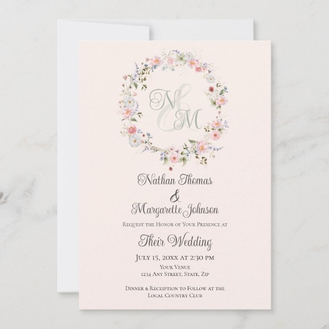 Monogram Watercolor Floral Wreath Wedding Invitation (Front)