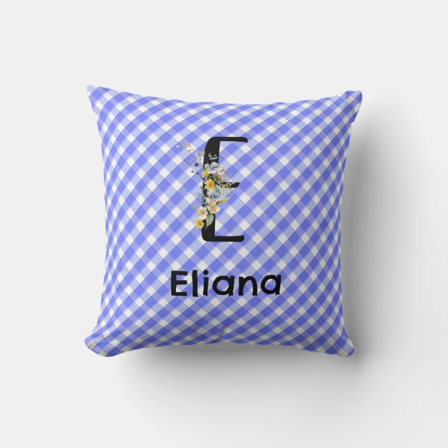 Monogram watercolor flower gingham blue minimalist cushion (Front)