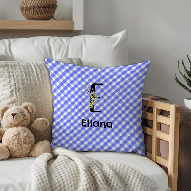 Monogram watercolor flower gingham blue minimalist cushion (Creator Uploaded)