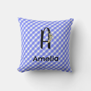Monogram watercolor flower gingham blue pattern cushion